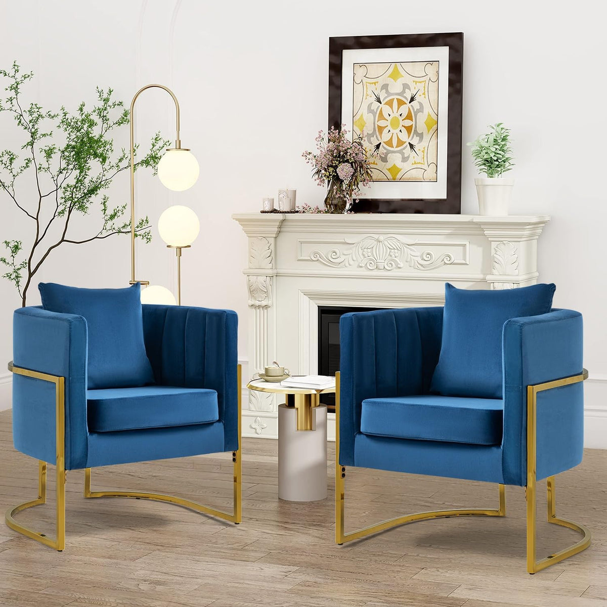 Velvet Accent Barrel Chairs Set of 2, Modern Arm Club Chair Set with Pillow for Living Room/Bedroom/Guest Reception, Channel Tufted, Gold Finish Base, Orange