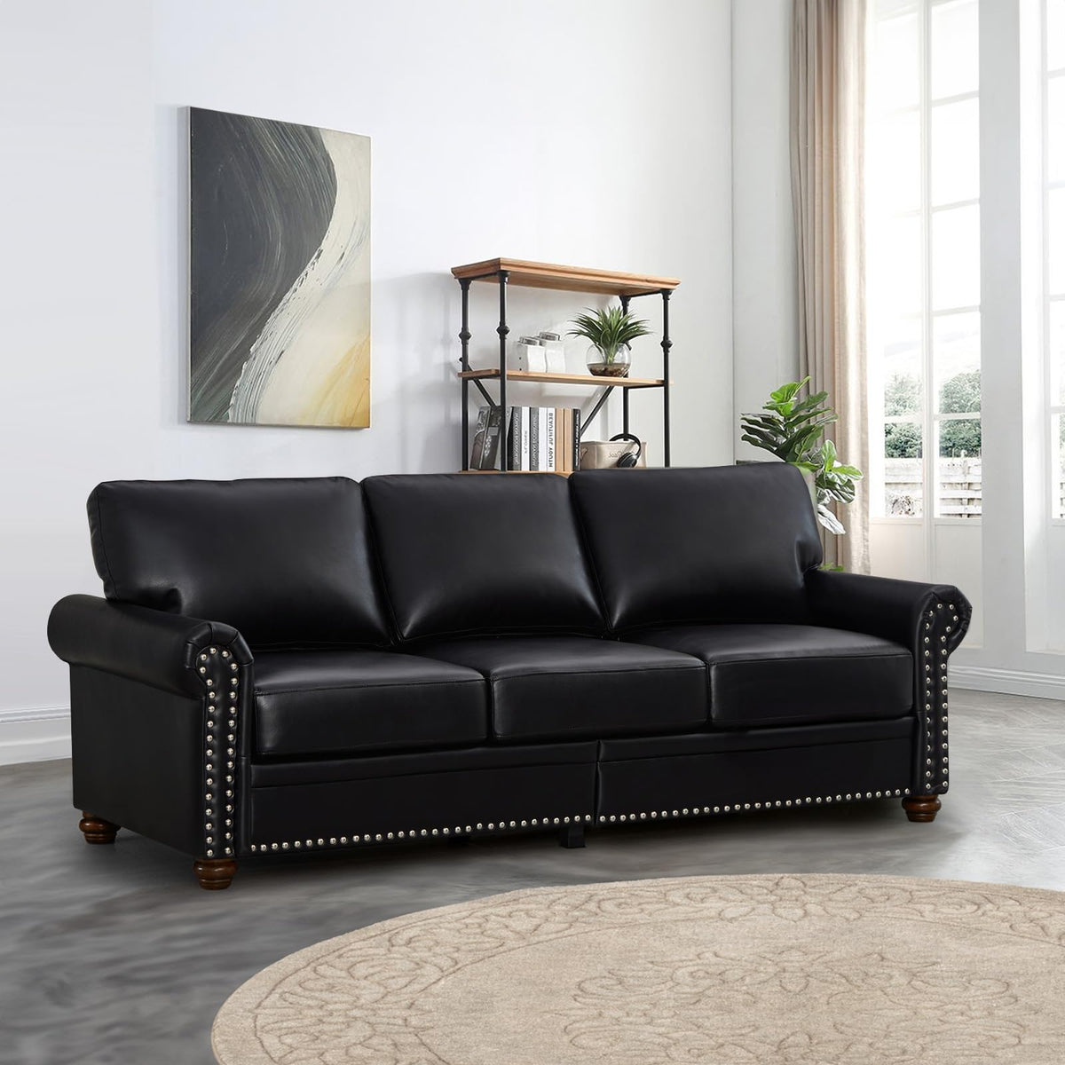 2 Piece Faux Leather Sofa Set,Modern Couch and Loveseat Sets with Storage,Mid Century Couch with Rivet Rolled Arm,Comfy Deep Seat Sofa,Furniture for Living Room,Office(Loveseat+3 Seater,Navy)