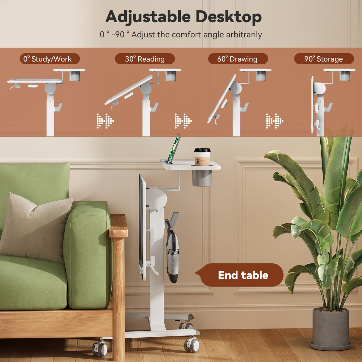 28" Mobile Standing Desk, Tiltable Top with 2-Tier Shelves, White