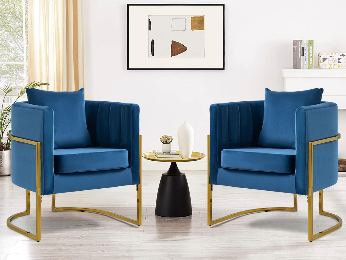 Velvet Accent Barrel Chairs Set of 2, Modern Arm Club Chair Set with Pillow for Living Room/Bedroom/Guest Reception, Channel Tufted, Gold Finish Base, Orange