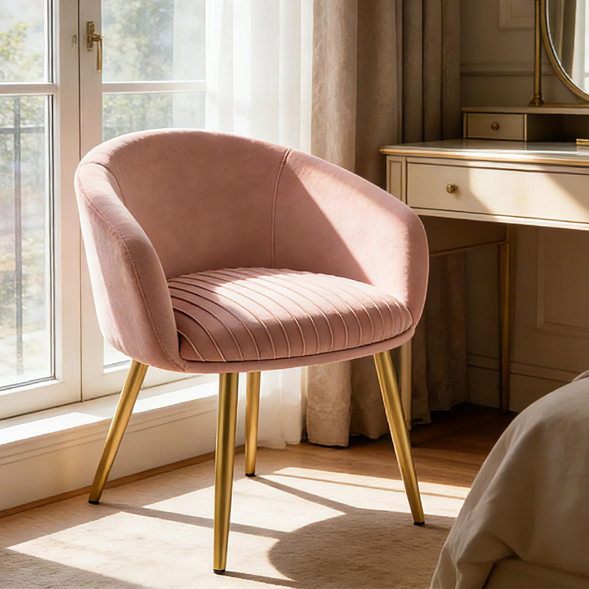 Accent Velvet Makeup Vanity Chairs Set of 2 Boucle Modern Tufted Girls Desk Chair No Wheels with Gold Metal Legs, 20" Extra Wide Armchair for Bedroom Bathroom Dining Room Living Room, Cream Beige