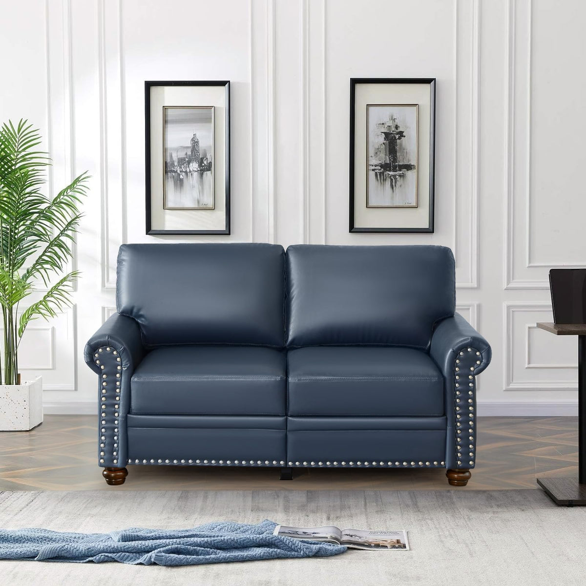 2 Piece Faux Leather Sofa Set,Modern Couch and Loveseat Sets with Storage,Mid Century Couch with Rivet Rolled Arm,Comfy Deep Seat Sofa,Furniture for Living Room,Office(Loveseat+3 Seater,Navy)