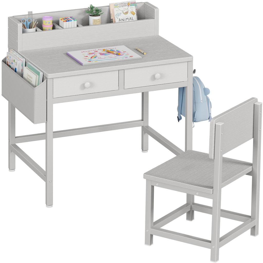 BOLUO White Kids Desk and Chair Set for 5-8 Year Old, Small Child Desk with Fabric Drawer, Children Study Table with Storage Toddler Girls Boys