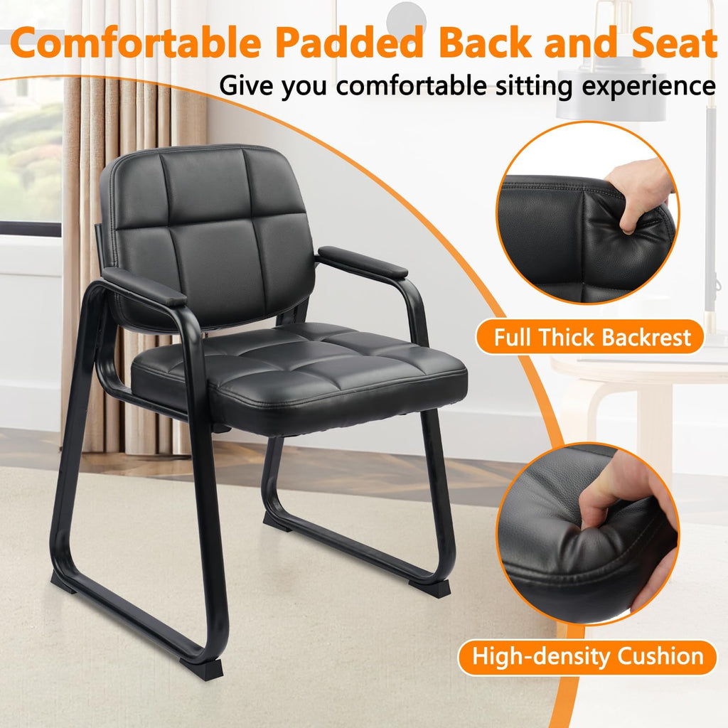 CLATINA Waiting Room Guest Chair with Bonded Leather Padded Arm Rest for Office Reception and Conference Desk Black with Sled Base Brown 1 Pack