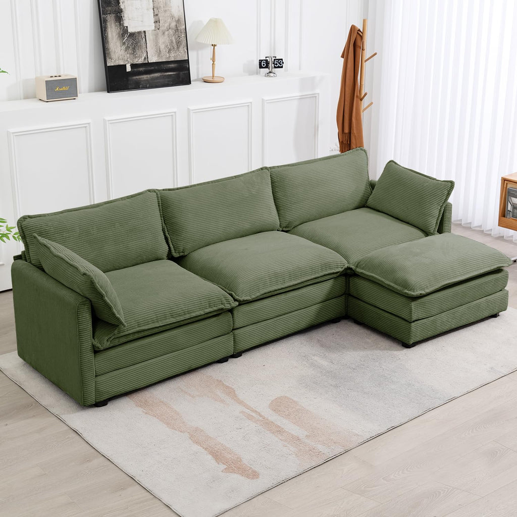 ROWHY 41'' Single Armchair with Ottoman, Modern Corduroy Cloud Couch with Convertible Chaise, Upholstered Sofa Set for Living Room, Green
