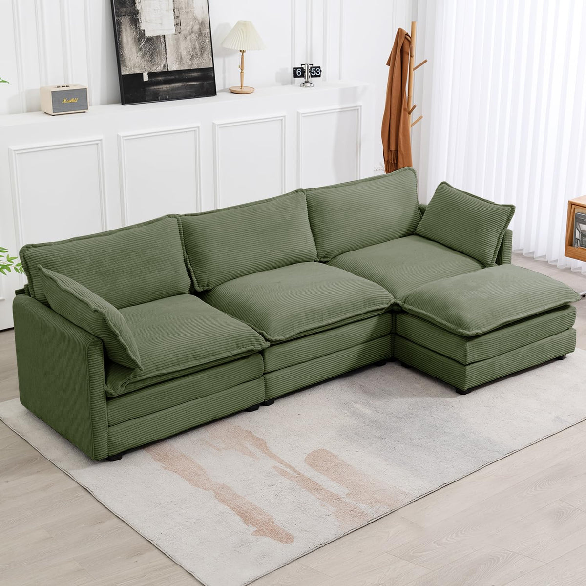 ROWHY 41'' Single Armchair with Ottoman, Modern Corduroy Cloud Couch with Convertible Chaise, Upholstered Sofa Set for Living Room, Green
