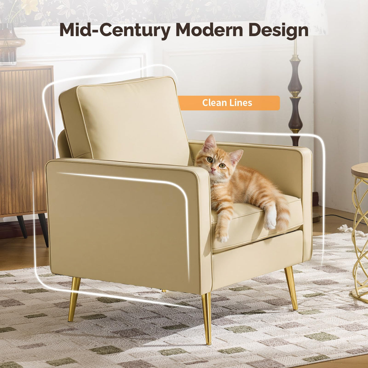 VINGLI Faux Leather Accent Chairs Set of 2 with Gold Legs for Living Room