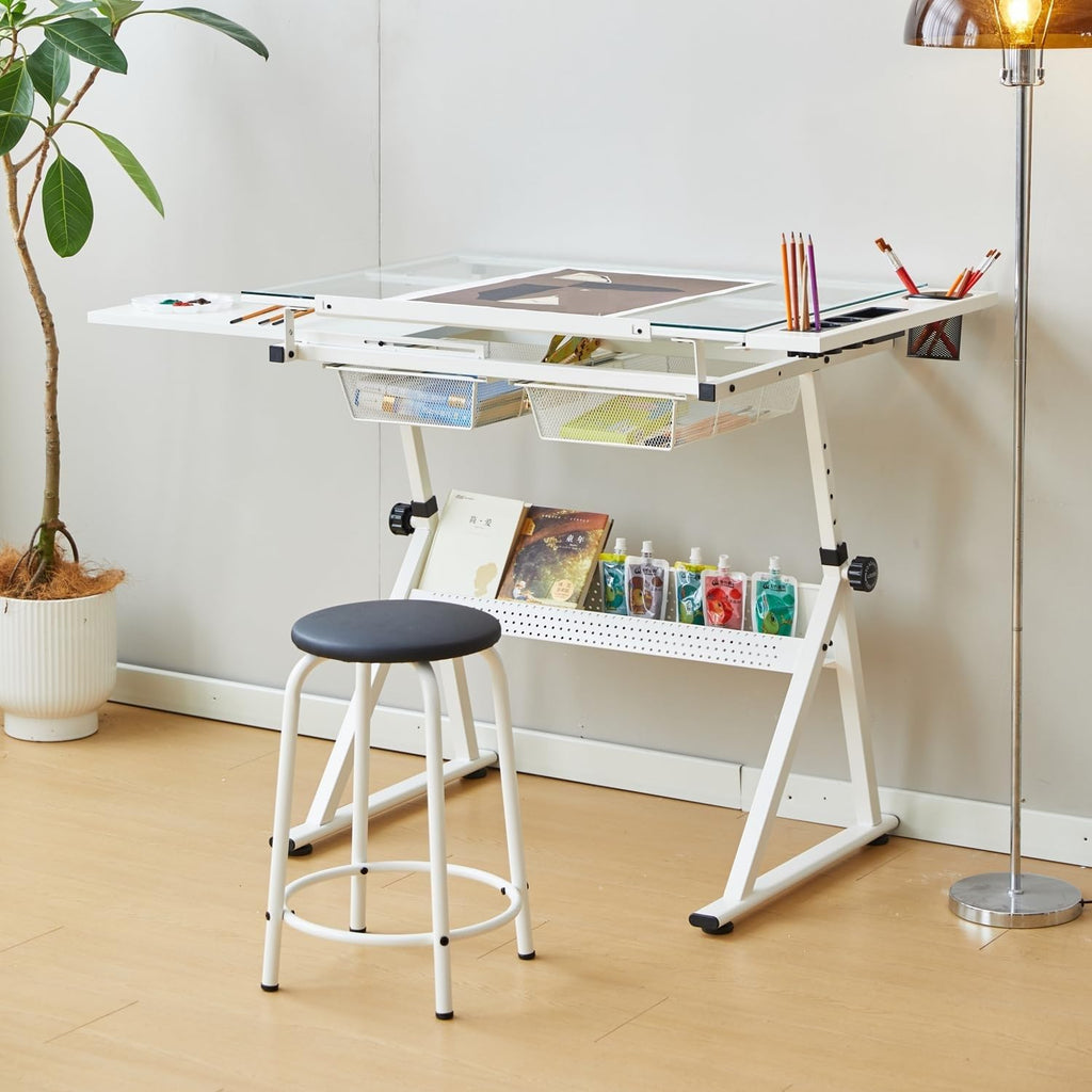 Drafting Table w/Stool, Height Adjustable Multifunctional Drawing Table