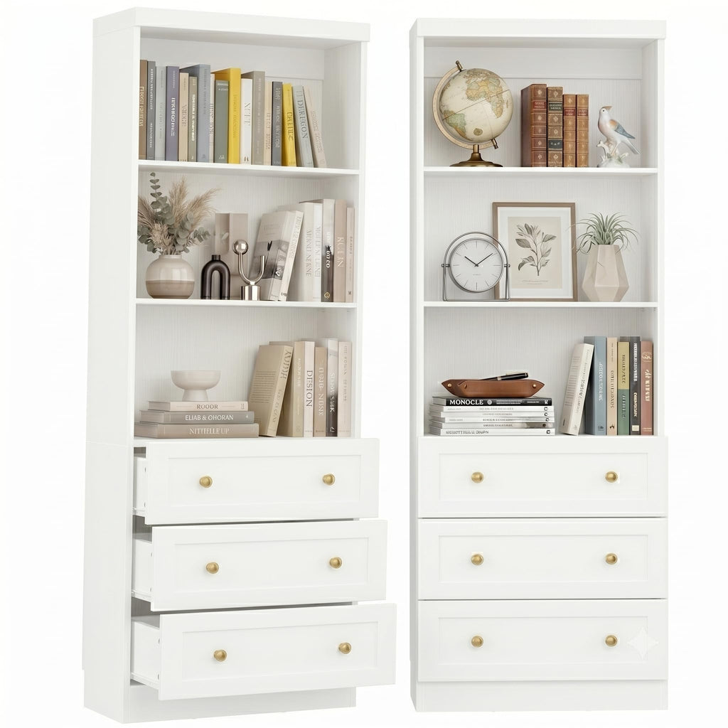Cyclysio 80" Bookshelf with 3 Drawers and Baseboard Cutout, Set of 2