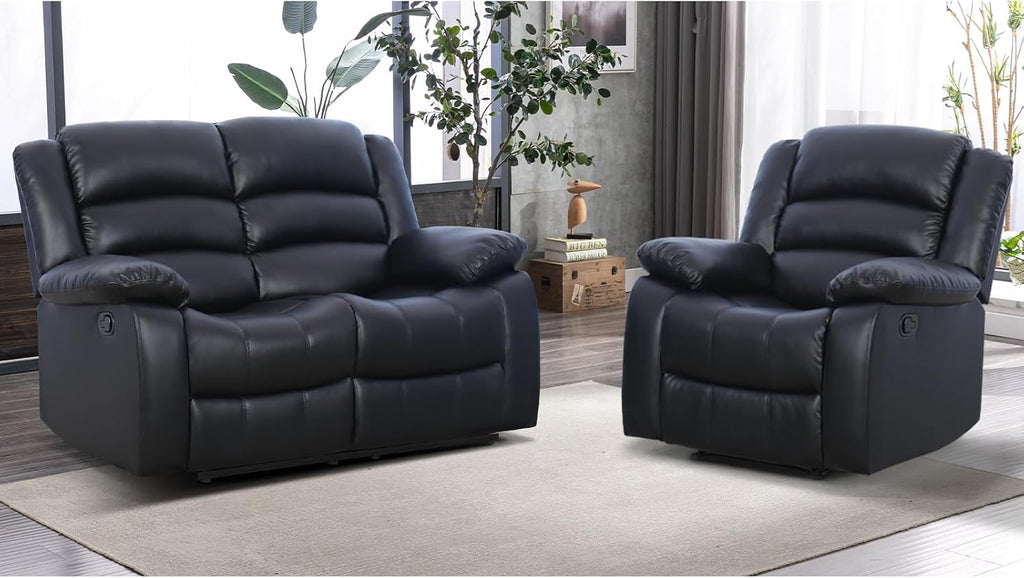 EBELLO Manual Faux Leather Reclining Couch Set for Living Room, Include 1 Recliner Chair, 1 Loveseat Sofa, Recliner Sofa Furniture Set for Home and Office, Black