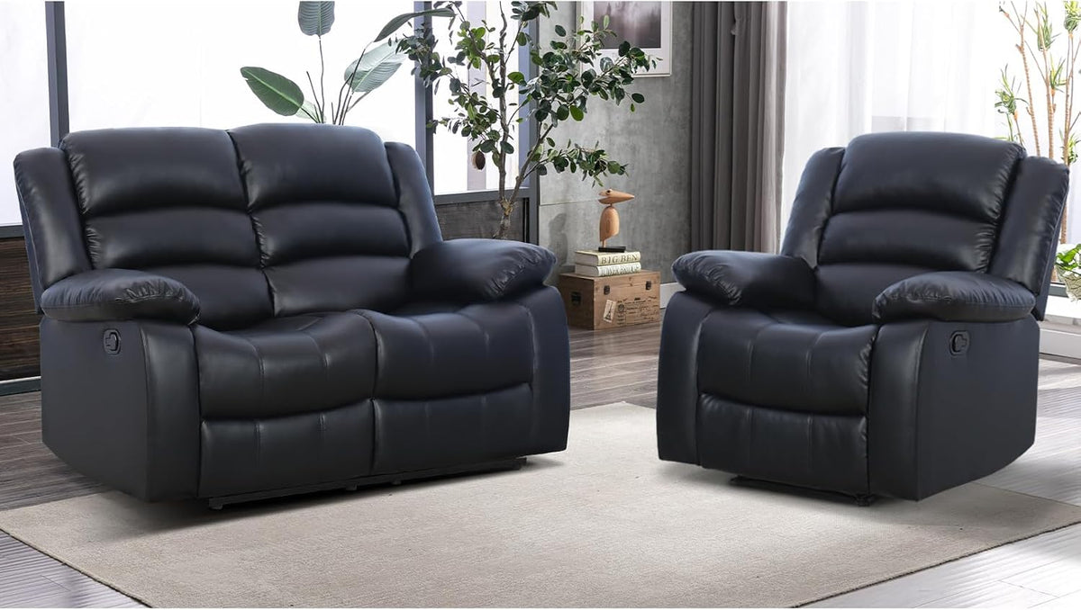 EBELLO Manual Faux Leather Reclining Couch Set for Living Room, Include 1 Recliner Chair, 1 Loveseat Sofa, Recliner Sofa Furniture Set for Home and Office, Black