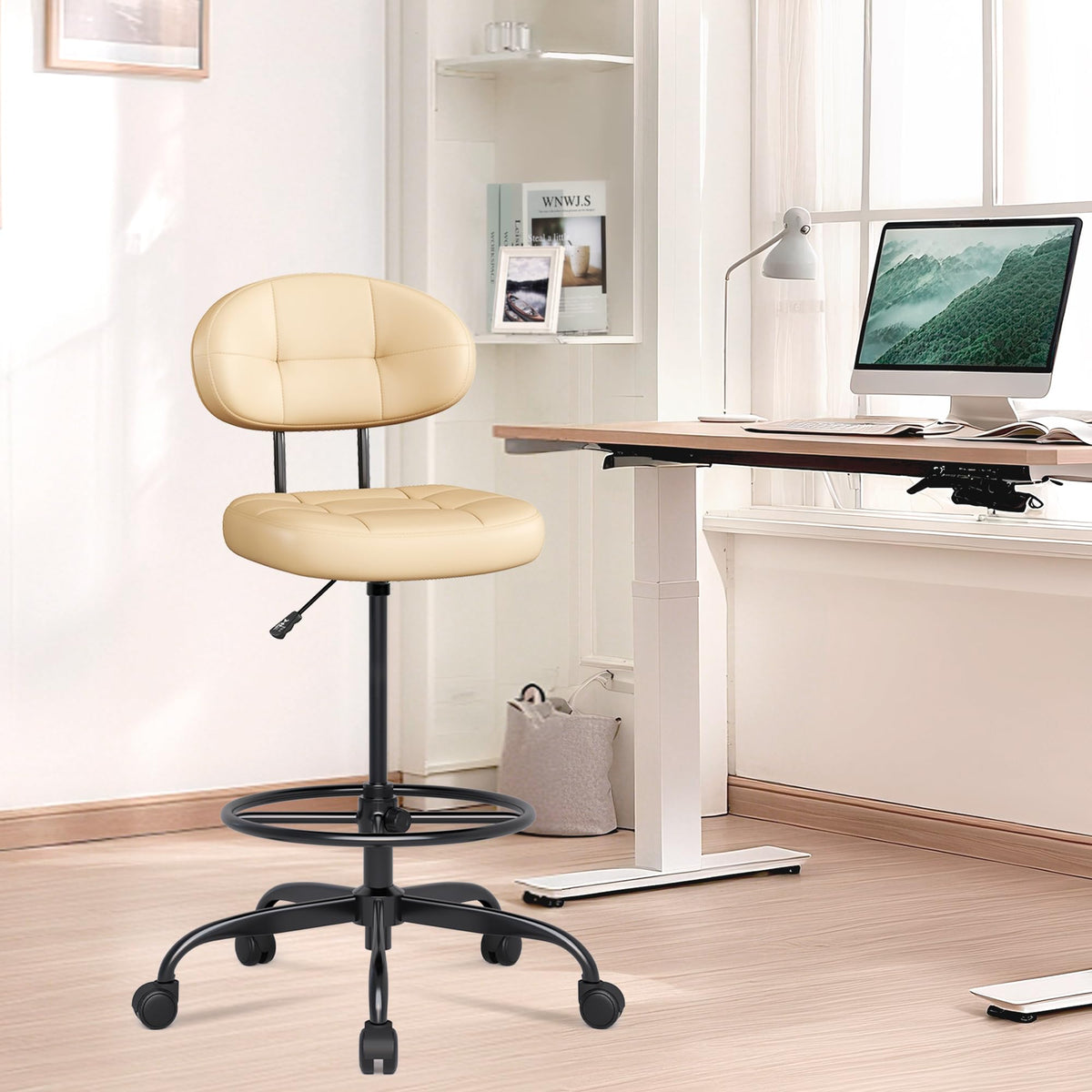 Misolant Drafting Chair, Armless Tall Office Chair with Footrest Ring for Standing Desk, Small Faux Leather Executive Computer Chair with Adjustable Height for Bar Lab Counter Height Desk, Green