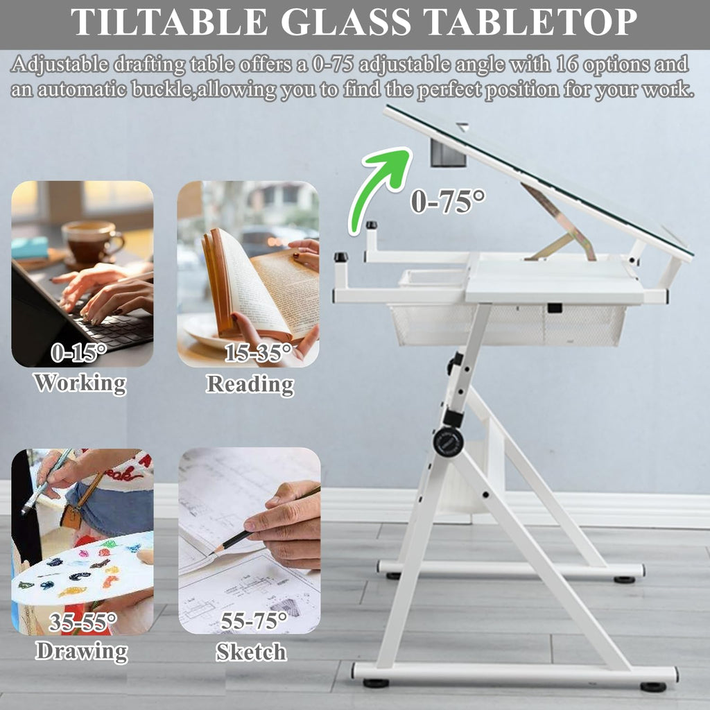 Drafting Table for Artists, Glass Drawing Table with Stool,T1-Black