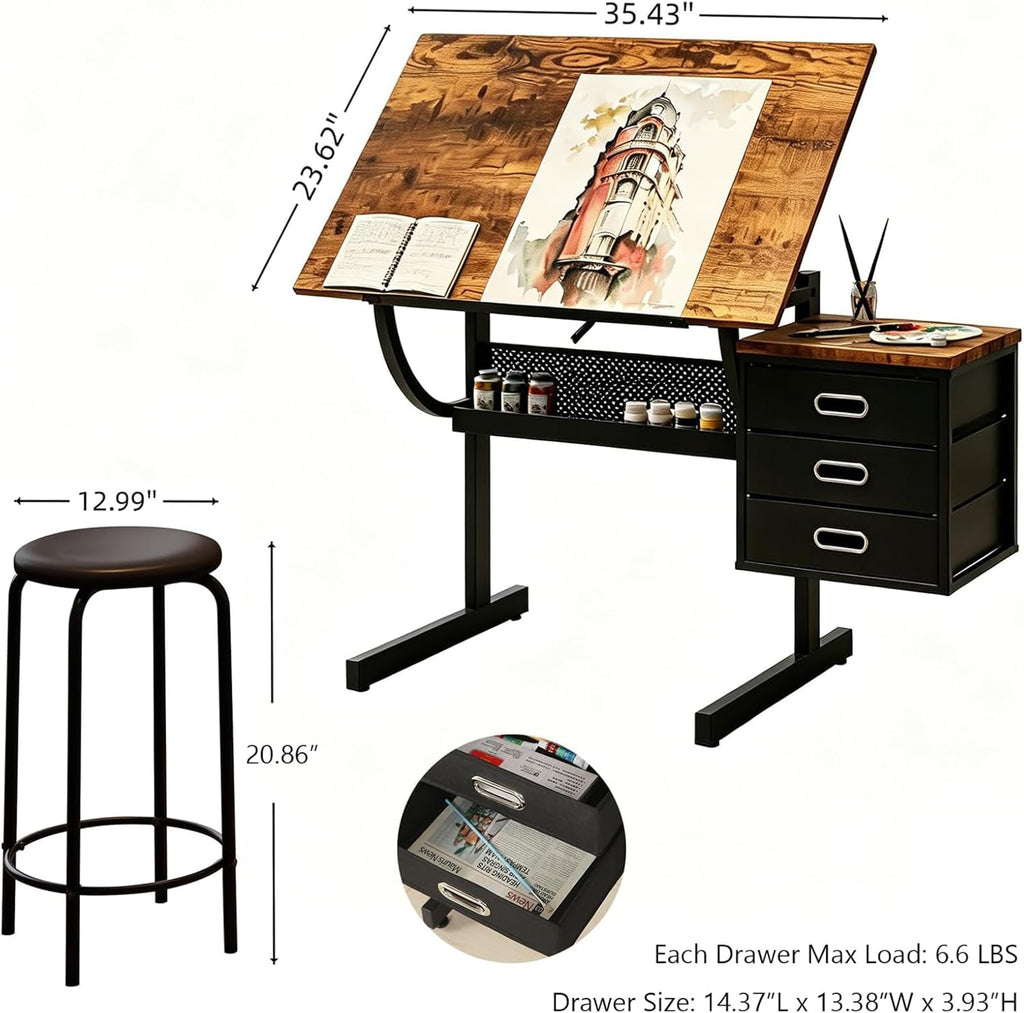 Drafting Table, Height Adjustable Art Table with Stool,T1-All White