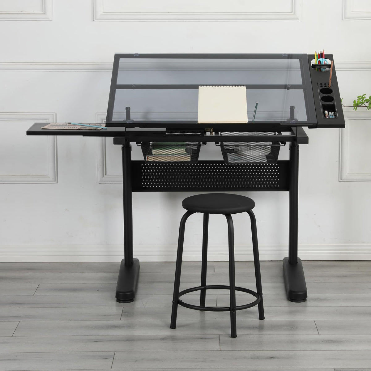 Drafting Table for Artists, Glass Drawing Table with Stool,T1-Black