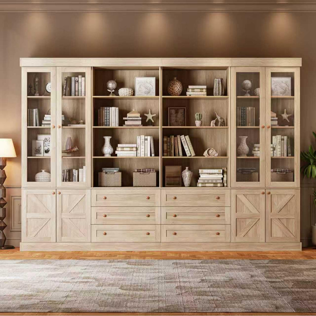 Vyre 71" Tall Farmhouse Bookshelves with Drawers, Set of 3 â Large Modular Bookcase with Adjustable Shelves, Storage Cabinet for Living Room, Kitchen, Home Office, Brown