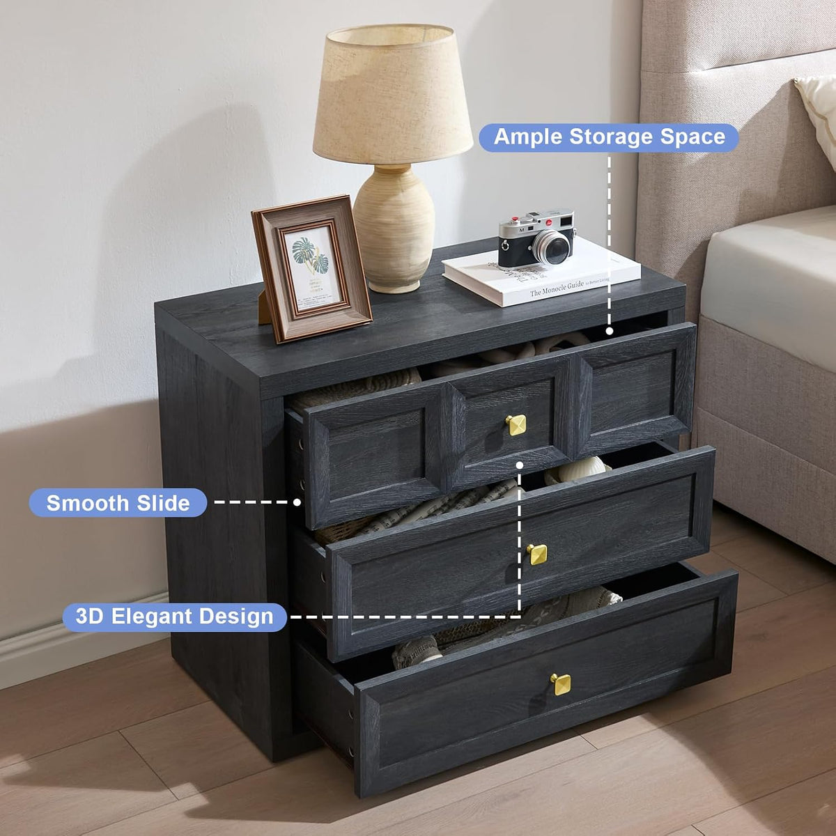 3 Drawers Nightstand Set of 2 W/Charging Station, 30.7" W King Size Bedside Table with 3 Drawers, Accent End Table W/Large Storage, Modern Wood Side Table for Bedroom,Office (2 Pieces, Gray Black)