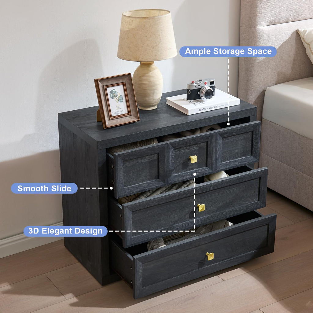 3 Drawers Nightstand Set of 2 W/Charging Station, 30.7" W King Size Bedside Table with 3 Drawers, Accent End Table W/Large Storage, Modern Wood Side Table for Bedroom,Office (2 Pieces, Gray Black)