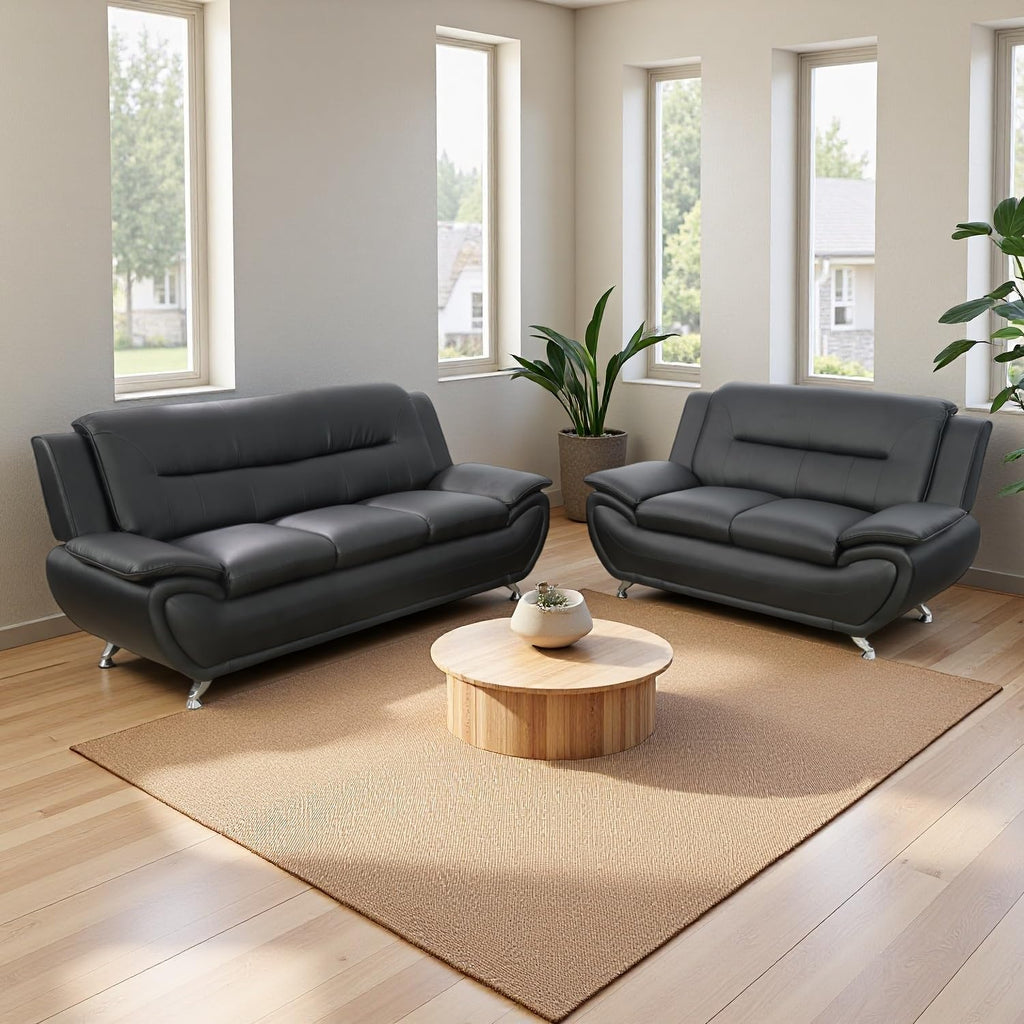 Leather Sectional Sofa Couches, Living Room Sofa and Loveseat Set, Faux Leather Couch and Loveseat Set for Office/Bedroom/Apartment, Cream