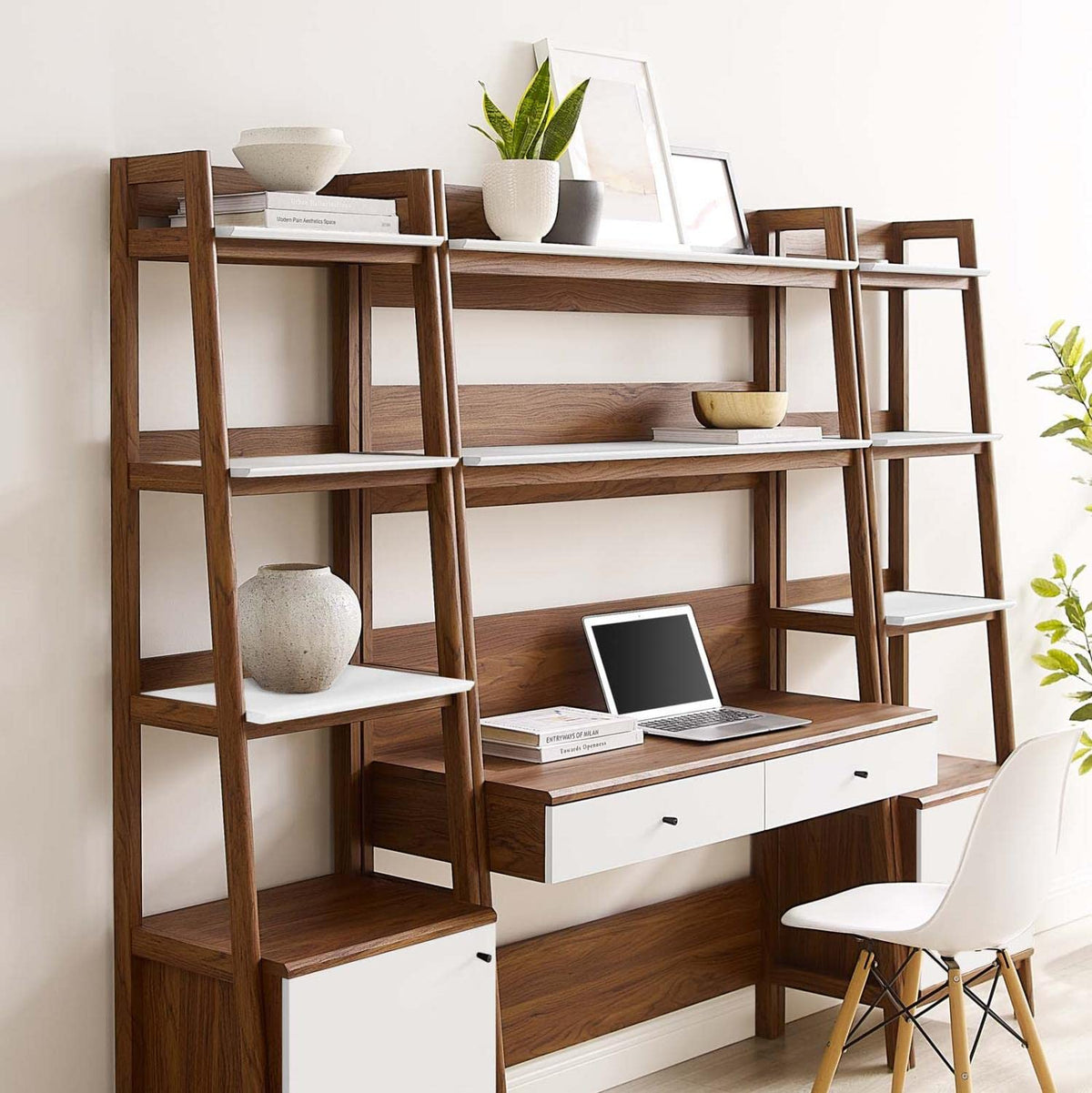 Modway 3-Piece Home Office Desk and Bookshelf Display Case in Oak