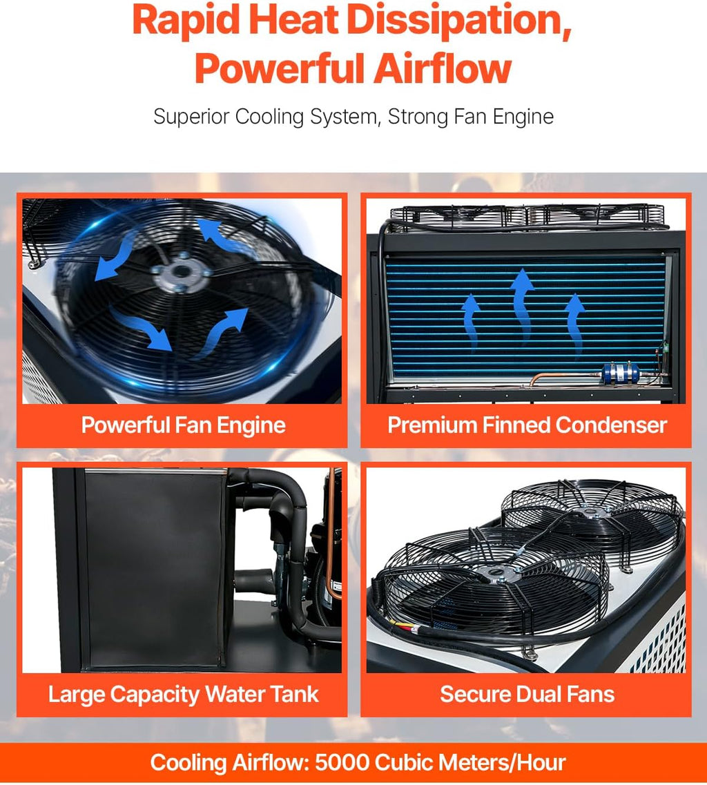 VEVOR Air Cooled Water Chiller, 5 Ton Portable, 5HP/3.75KW Compressor Motor, 53L Capacity Stainless Steel Water Tank, Finned Condenser with Micro-Computer Control, Industrial Chiller for Cooling Water