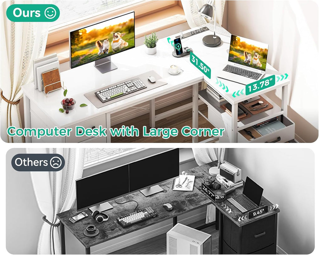 Coleshome 55 Inch L Shaped Office Desk with 6 Drawers, Power Outlet, White