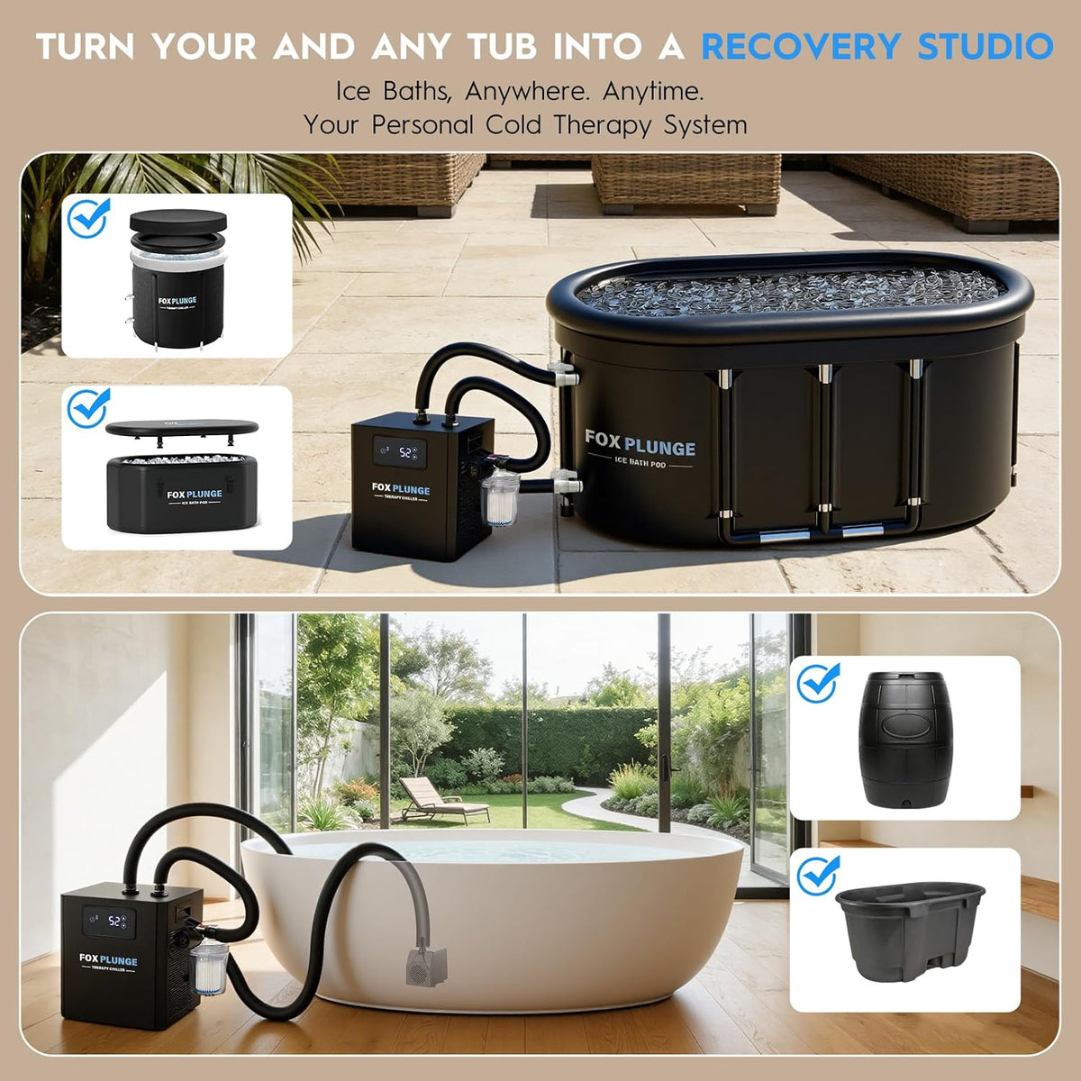1/3 HP Cold Plunge Water Chiller with External Filter & Pump â Portable Ice Bath Cooling System for Home Muscle Recovery, LED Touchscreen & Insulated Hoses