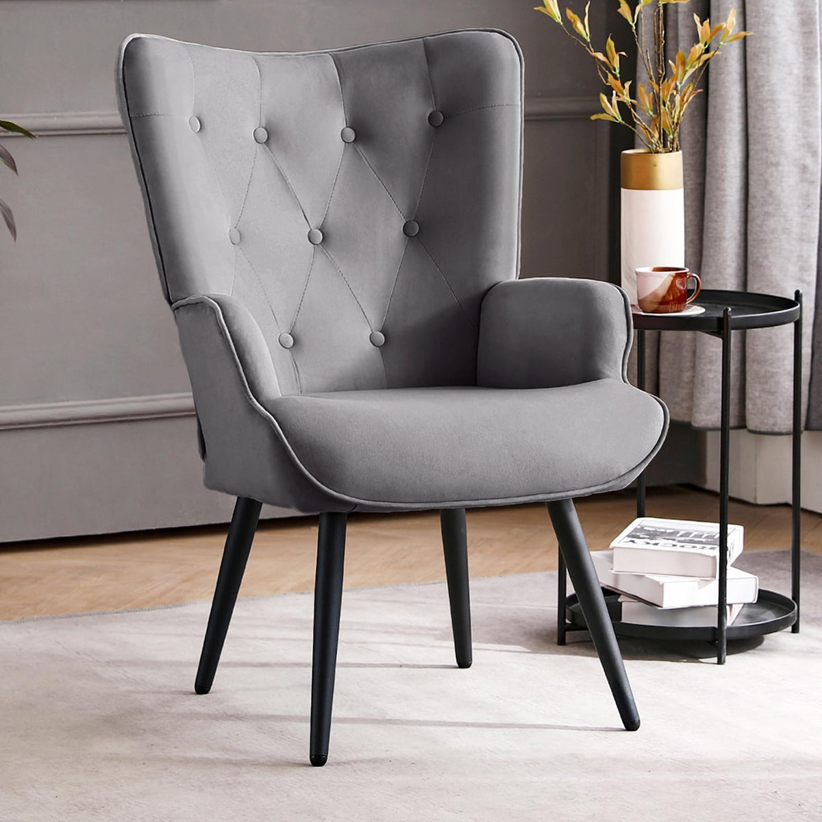 Furniliving PU Leather Accent Chair for Living Room, Upholstered Reading Chair with High Backrest, Tufted-Button Wingback Armchair for Bedroom, Dressing Room, Home Office, Brown, Set of 2