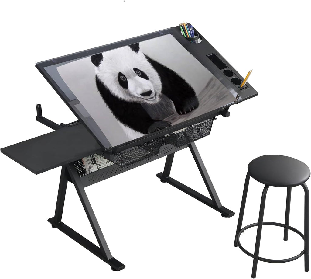Drafting Table Desk Art Table â Glass Drawing Painting Table Craft Station Studio Adjustable Art Desk for Adults tilt able for Home Office (Black, 27.16''- 35.82'' H)