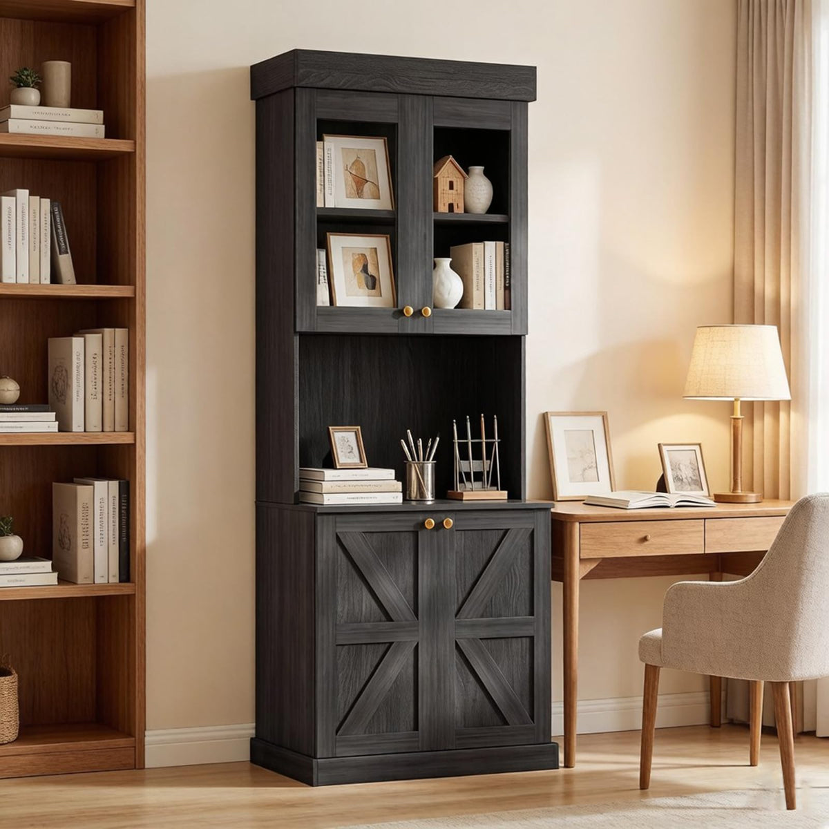 Vyre 71" Black Modular Farmhouse Bookcase Set of 3, Expandable Storage Cabinets with Glass Doors or Drawers for Home Office and Study Room