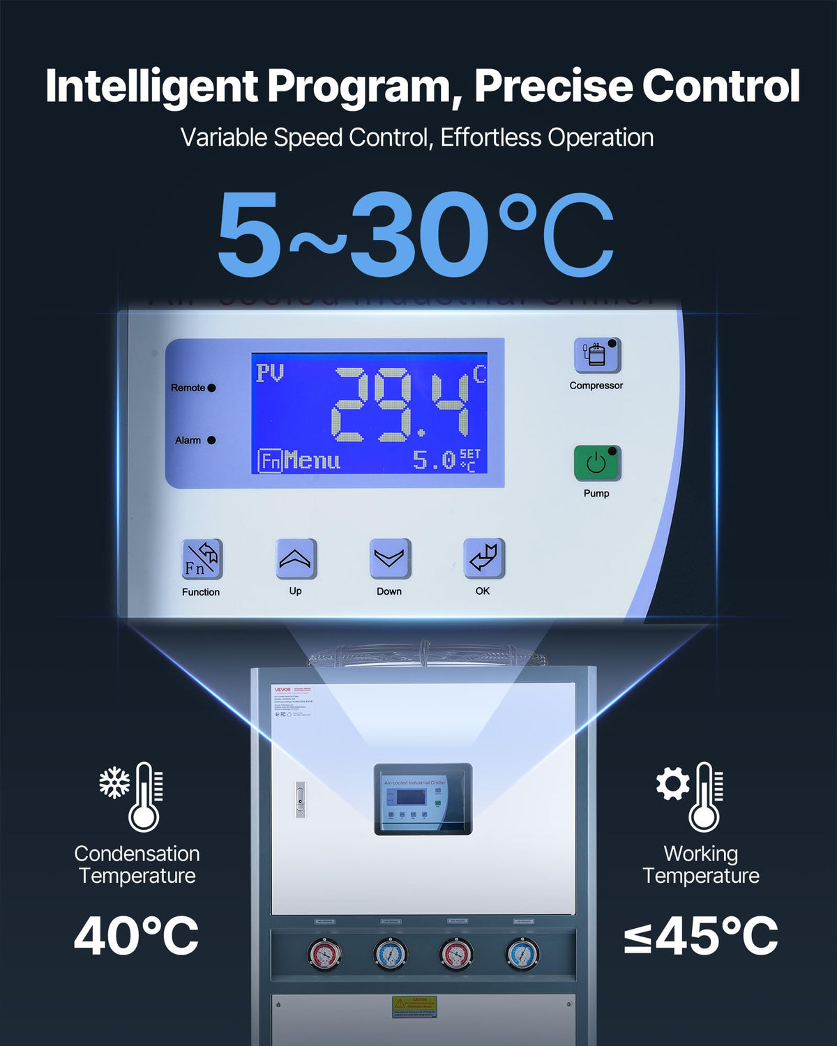 VEVOR Air Cooled Water Chiller, 5 Ton Portable, 5HP/3.75KW Compressor Motor, 53L Capacity Stainless Steel Water Tank, Finned Condenser with Micro-Computer Control, Industrial Chiller for Cooling Water
