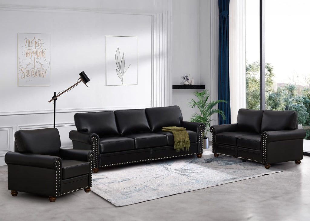 2 Piece Faux Leather Sofa Set,Modern Couch and Loveseat Sets with Storage,Mid Century Couch with Rivet Rolled Arm,Comfy Deep Seat Sofa,Furniture for Living Room,Office(Loveseat+3 Seater,Navy)