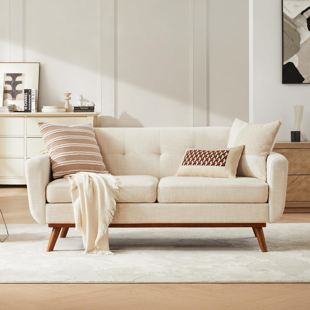 Kingfun 2 Piece Loveseat and Sofa Sets, Mid Century Modern Love Seat Couches for Living Room, Button Tufted Upholstered Furniture, Small Couch for Bedroom, Office, Beige