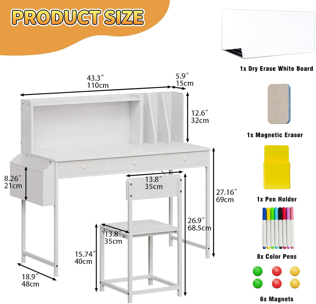 Kids Desk and Chair Set, 6-12, Study Desk with Hutch and Storage