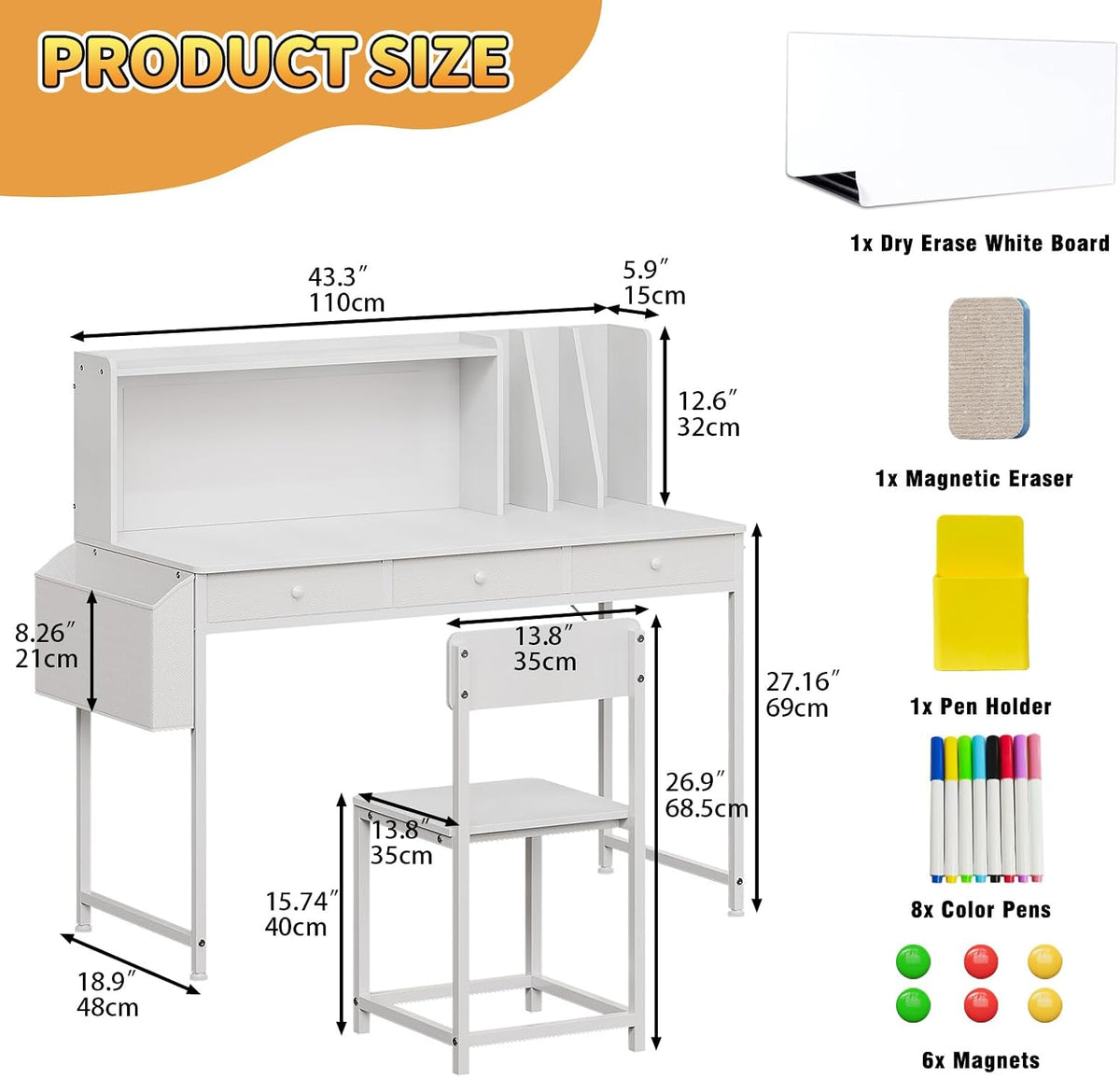 Kids Desk and Chair Set, 6-12, Study Desk with Hutch and Storage