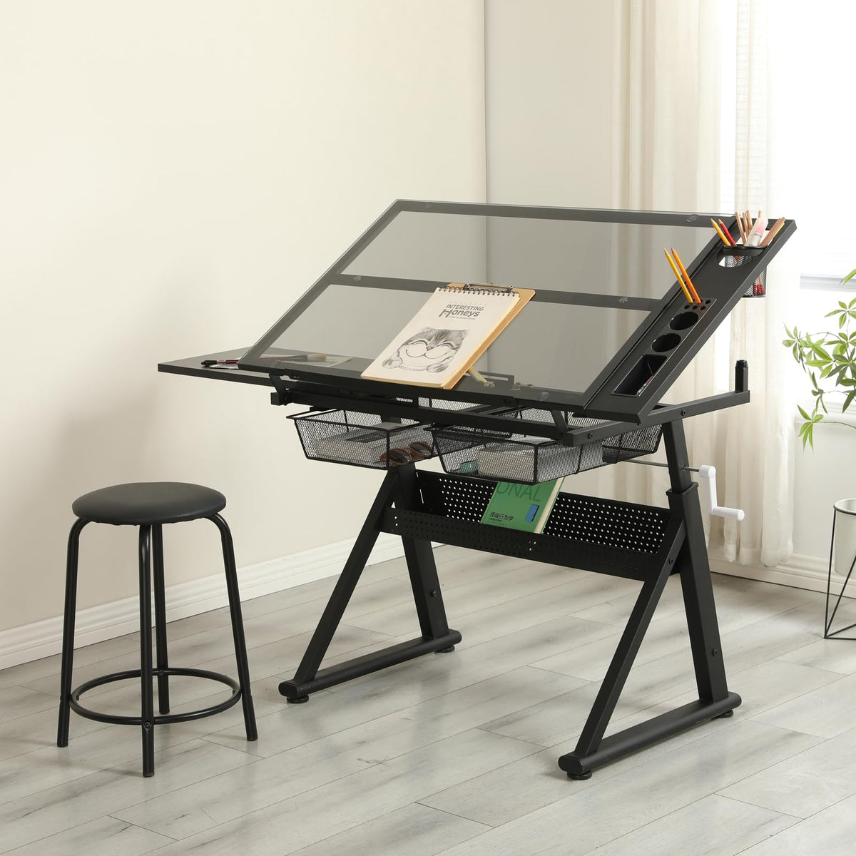 Drafting Table, Adjustable Height Drawing Table Art Table Painting Table Art Craft Desk with 0-75Â° Tilting Glass Tabletop and Storage Drawers, Black