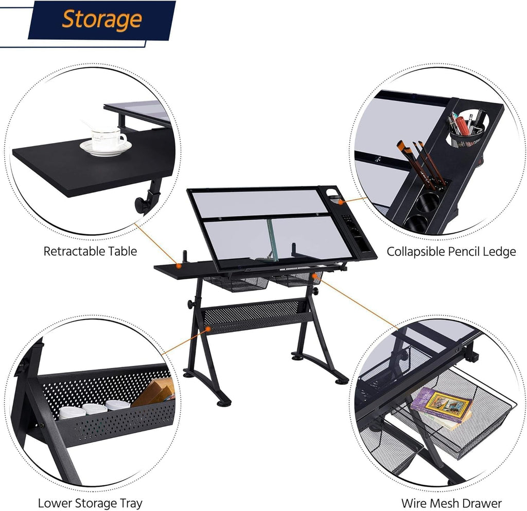 Drafting Table w/Stool, Height Adjustable Multifunctional Drawing Table