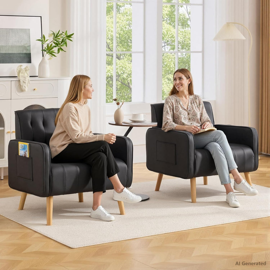Leather Accent Chair Set of 2, Living Room Chair with Wooden Legs (Black)