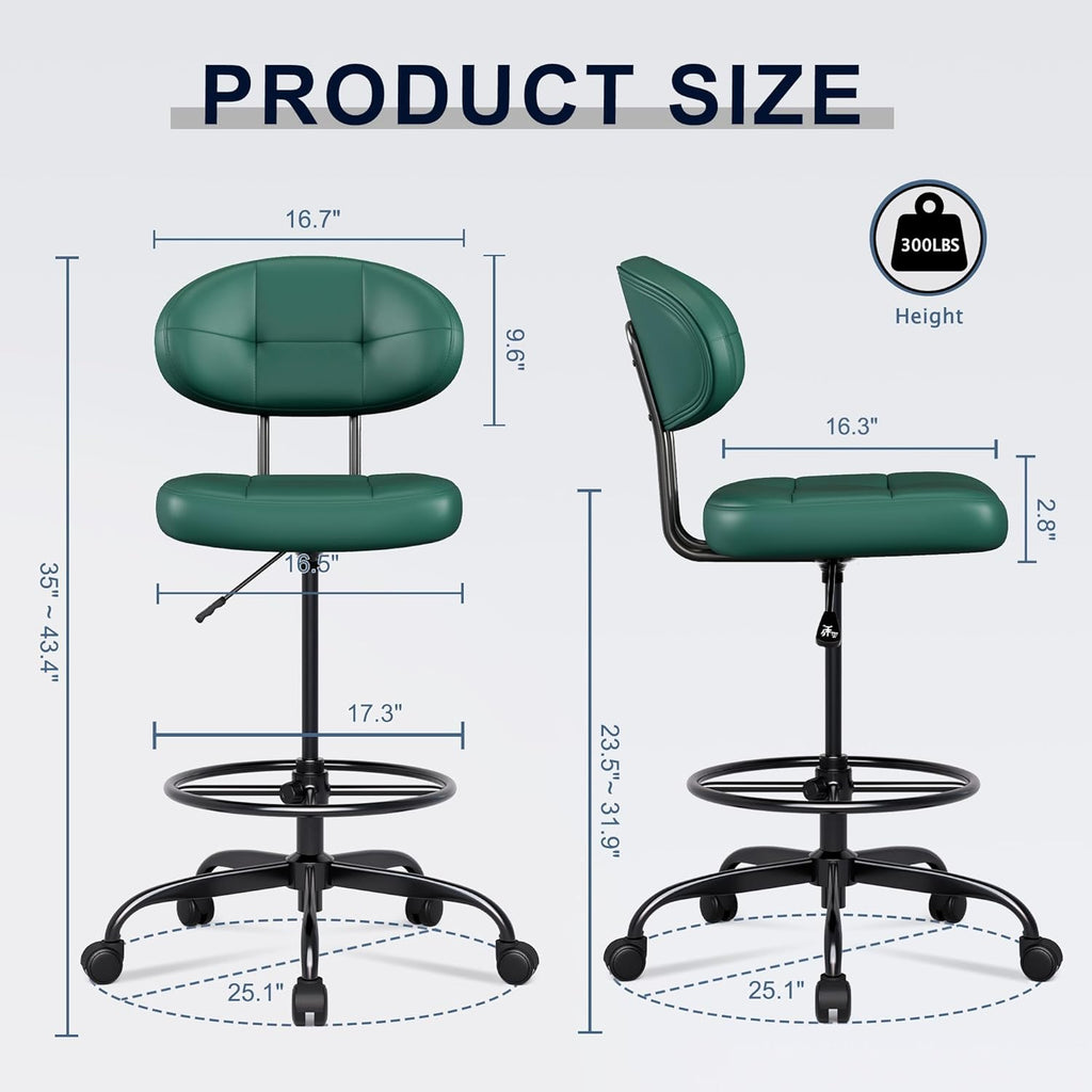 Misolant Drafting Chair, Armless Tall Office Chair with Footrest Ring for Standing Desk, Small Faux Leather Executive Computer Chair with Adjustable Height for Bar Lab Counter Height Desk, Green