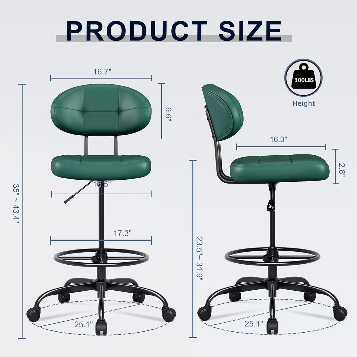 Misolant Drafting Chair, Armless Tall Office Chair with Footrest Ring for Standing Desk, Small Faux Leather Executive Computer Chair with Adjustable Height for Bar Lab Counter Height Desk, Green