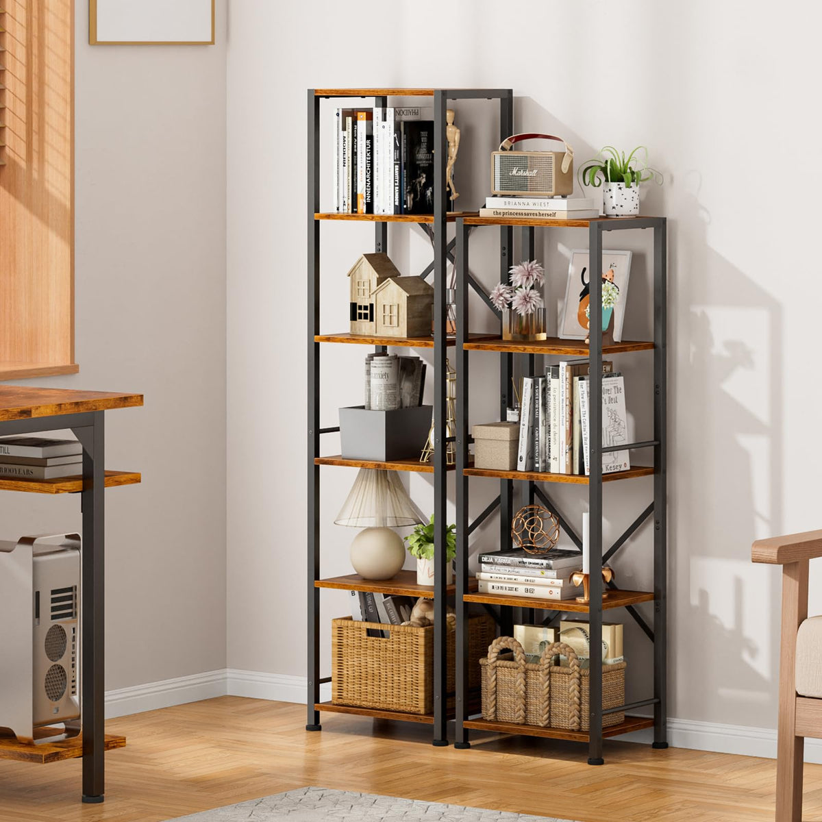 Furologee 5 Tier Book Shelf Set of 2, Tall Wide Bookshelf, Rustic Brown