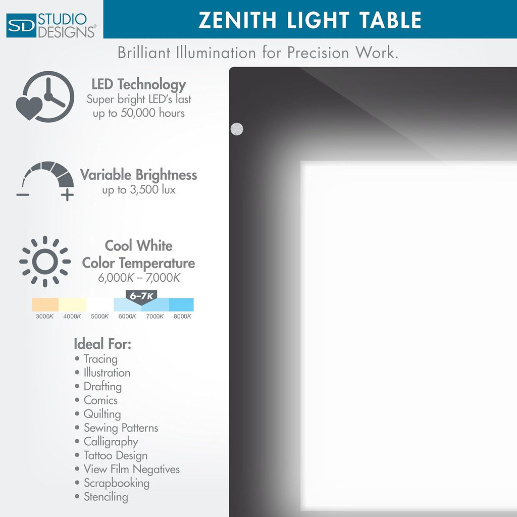 Studio Designs Zenith Drafting Light Table with Built-in ArtographÂ® LED Light Pad, Adjustable Height & Angle Glass Drafting Desk, Modern Artist Workstation for Drawing, Tracing, Drafting & Design