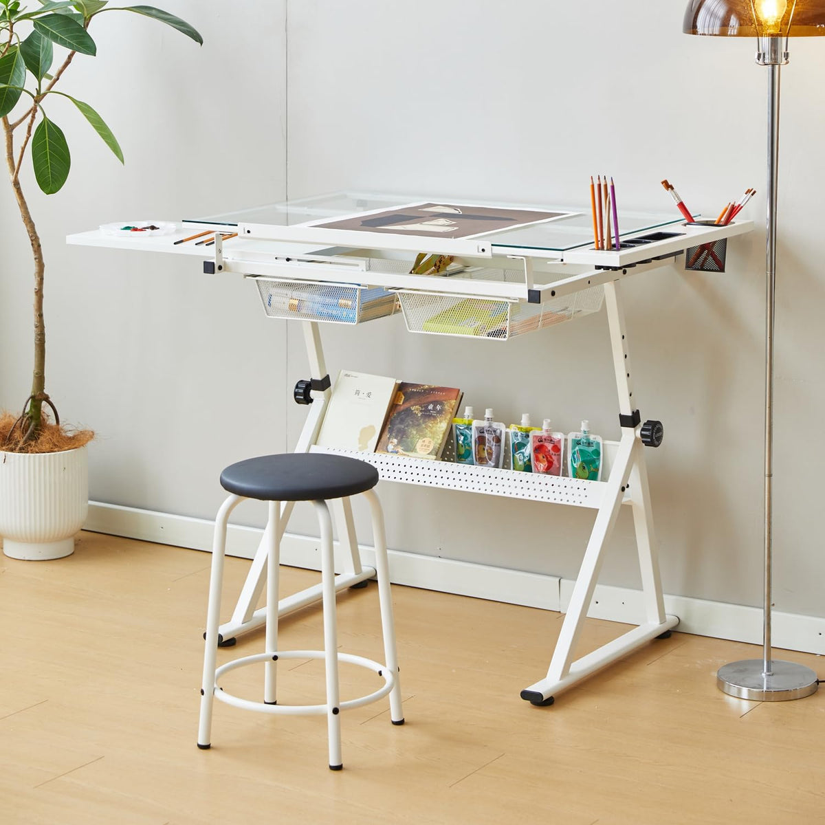 Drafting Table, Height Adjustable Art Tabe with Stool, Black