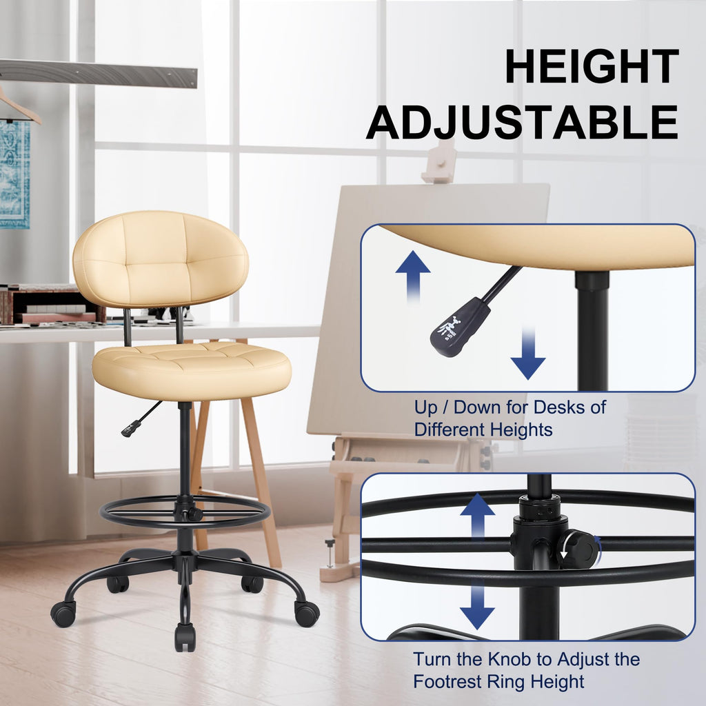 Misolant Drafting Chair, Armless Tall Office Chair with Footrest Ring for Standing Desk, Small Faux Leather Executive Computer Chair with Adjustable Height for Bar Lab Counter Height Desk, Green