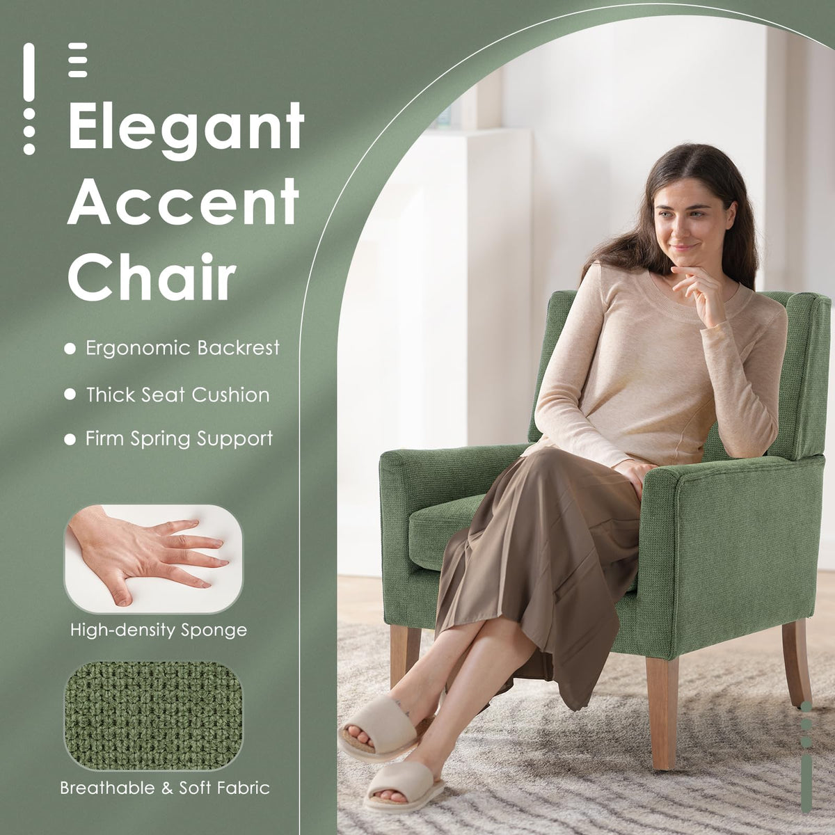 COLAMY Modern Wingback Living Room Chair, Upholstered Fabric Accent Armchair, Single Sofa Chair with Lounge Seat and Wood Legs for Office/Bedroom/Reading Spaces, Beige