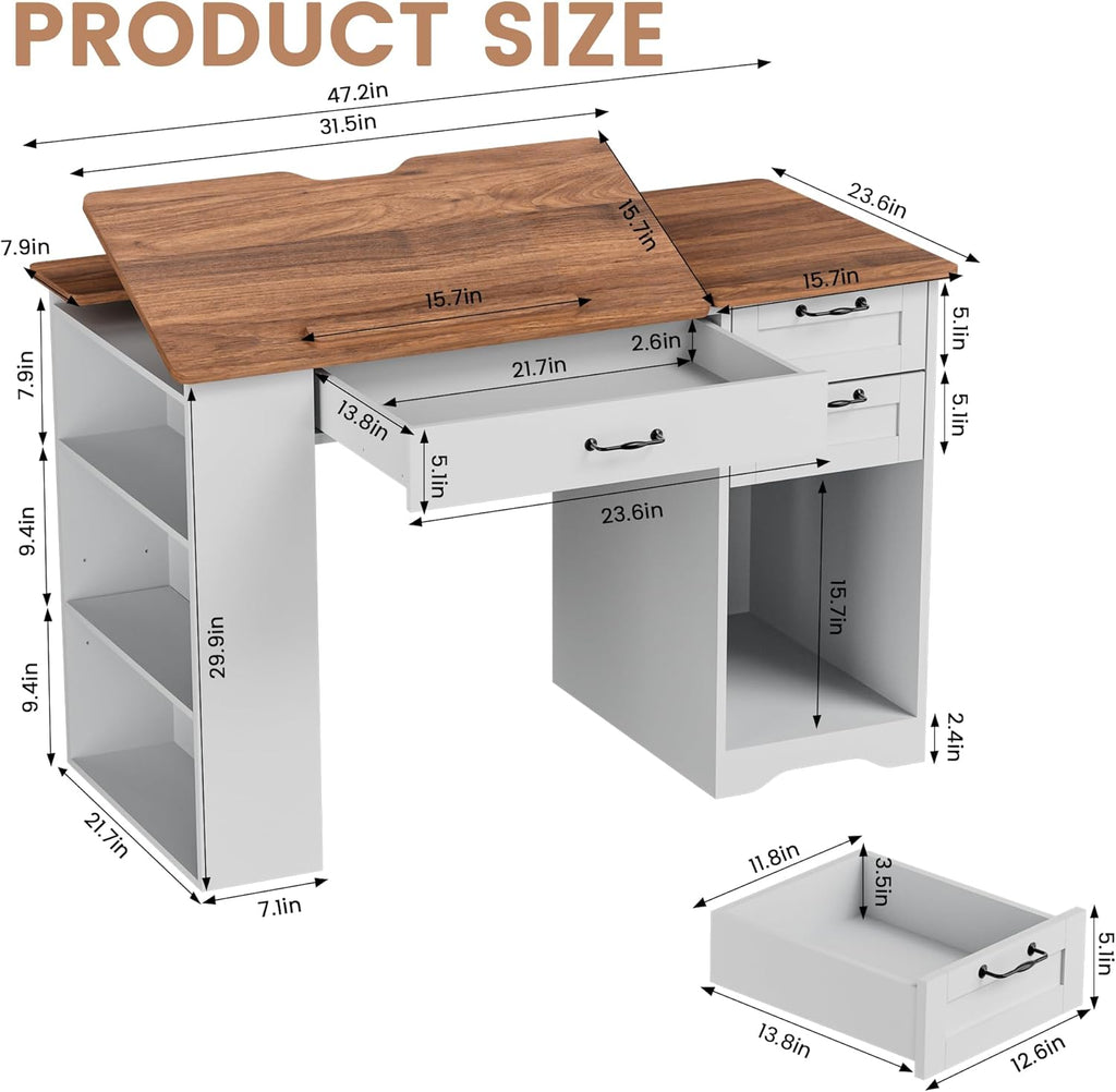 Drafting Table with Storage Cabinet & Drawers, Adjustable Drawing Table with Open Shelves, Craft Art Desk for Artists, Painters, Drawing, Crafting, Reading, Writing, Working