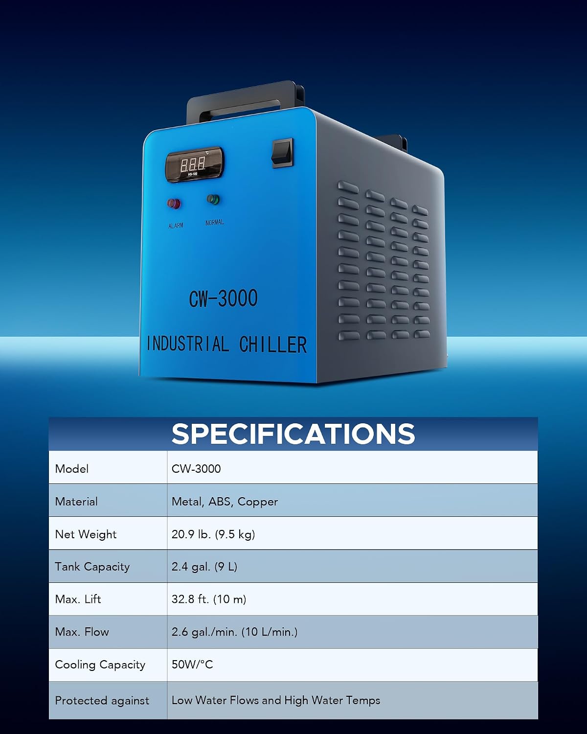 OMTech CW-3000 9L Industrial Water Chiller for CO2 Lasers up to 50W
