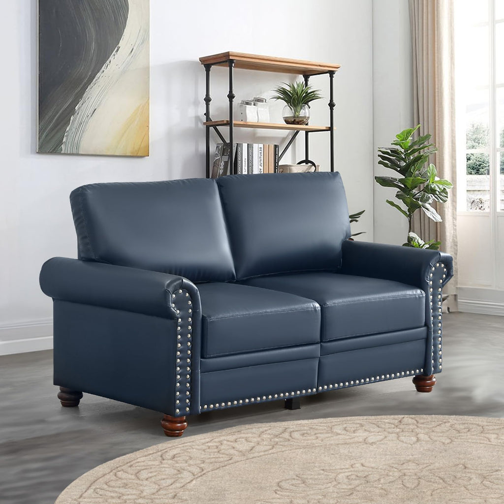 2 Piece Faux Leather Sofa Set,Modern Couch and Loveseat Sets with Storage,Mid Century Couch with Rivet Rolled Arm,Comfy Deep Seat Sofa,Furniture for Living Room,Office(Loveseat+3 Seater,Navy)