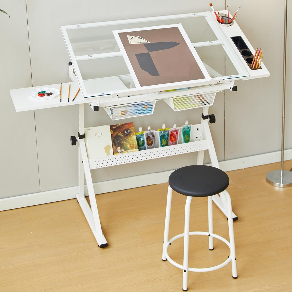 GarveeHome Drafting Table w/Stool, Height Adjustable Multifunctional Art Craft Artists Desk Tilting Glass Tabletop Diamond Paintings Work Station w/2 Storage Drawers for Home Office (Black-1)