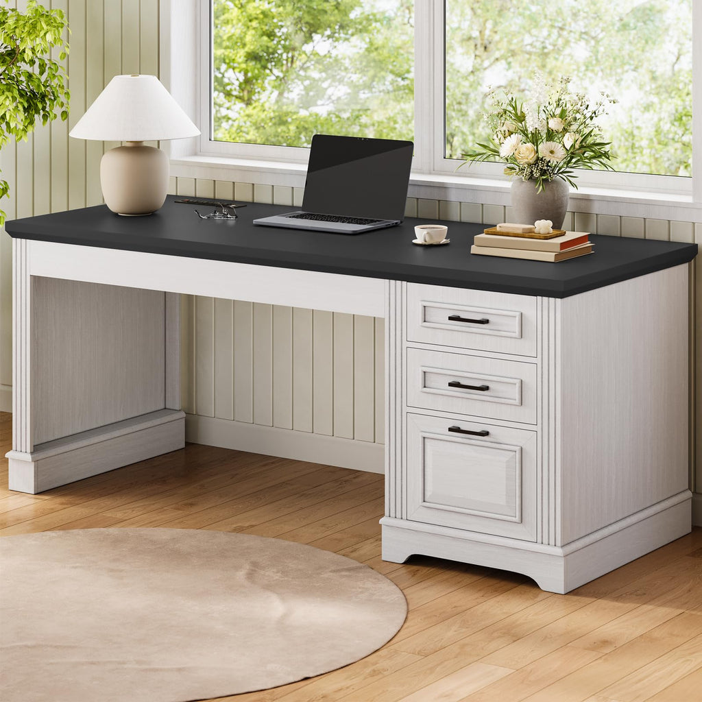 Itaar Farmhouse L Shaped Desk, Executive Computer Desk with Drawers and Storage Cabinet, Home Office Desk with File Drawer and Power Outlet, Corner Desk, Workstation for Office Home, Grey
